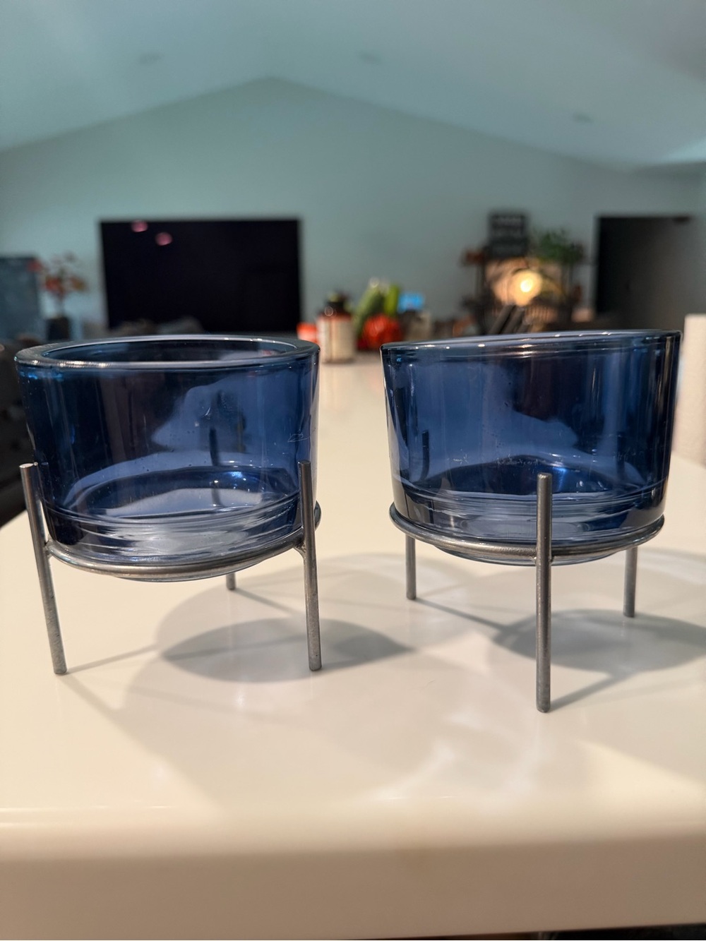 Blue Glass Tealight/votive Holders with Metal Stands - Set of 2